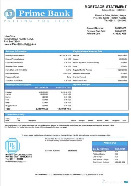 Download Kenya Prime Bank mortgage statement Word and PDF template Photoshop template